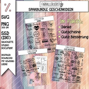 May include: Digital download bundle of SVG, PNG, and DXF files. The image features three sets of transparent sheets with various designs, including the words "Danke", "Gutscheine", and "Gute Besserung". The text "FARBALLERLIEBST" is visible.