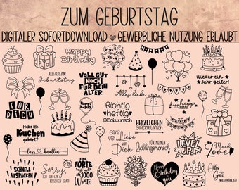 German Geburtstag Bday Happy Birthday Spruch Plotterdatei Plotten Silhouette Cricut Laserdatei SVG PNG Vektor Farballerliebst Commercial use