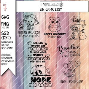 May include: Digital download graphic set with various illustrations and text. Includes an owl, a bunny, a mouse, a cat, and other designs with phrases like "Happy Birthday" and "Nope not today!"