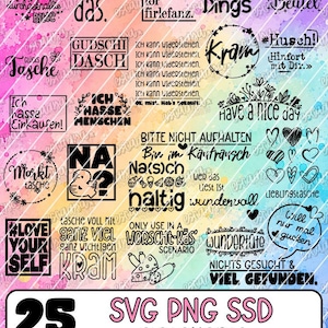 Könnte beinhalten: Eine digitale Sammlung von 25 schwarzen Grafikdesigns mit verschiedenen deutschen und englischen Sprüchen, Herzen und Lebensmittelsymbolen auf einem bunten Aquarellhintergrund. Das untere Banner zeigt den Text 25 SVG PNG SSD Statements.