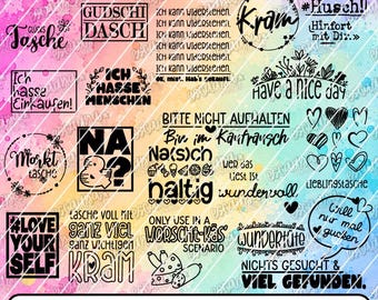 Może przedstawiać: Cyfrowa kolekcja 25 czarnych wzorów graficznych z różnymi niemieckimi i angielskimi zwrotami, sercami i ikonami jedzenia na żywym, wielokolorowym tle akwarelowym. Dolny baner zawiera tekst 25 SVG PNG SSD Statements.
