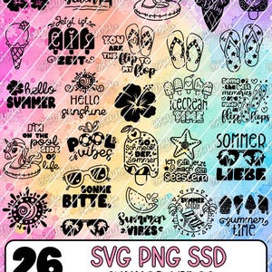Könnte beinhalten: Eine Sammlung von 26 schwarzen Grafikdesigns mit Sommerthemen wie Einhörnern, Flip-Flops, Eiscreme, Sonnenbrillen und Palmen auf einem regenbogenfarbenen Aquarellhintergrund. Der Text enthält Phrasen wie Aloha Bitches, Summer Vibes und Sommer Liebe.