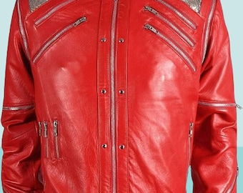 Michael Jackson Style Red/ Black Genuine Leather Jacket by Michael Jackson Style Red/ Black Genuine Leather Jacket by
