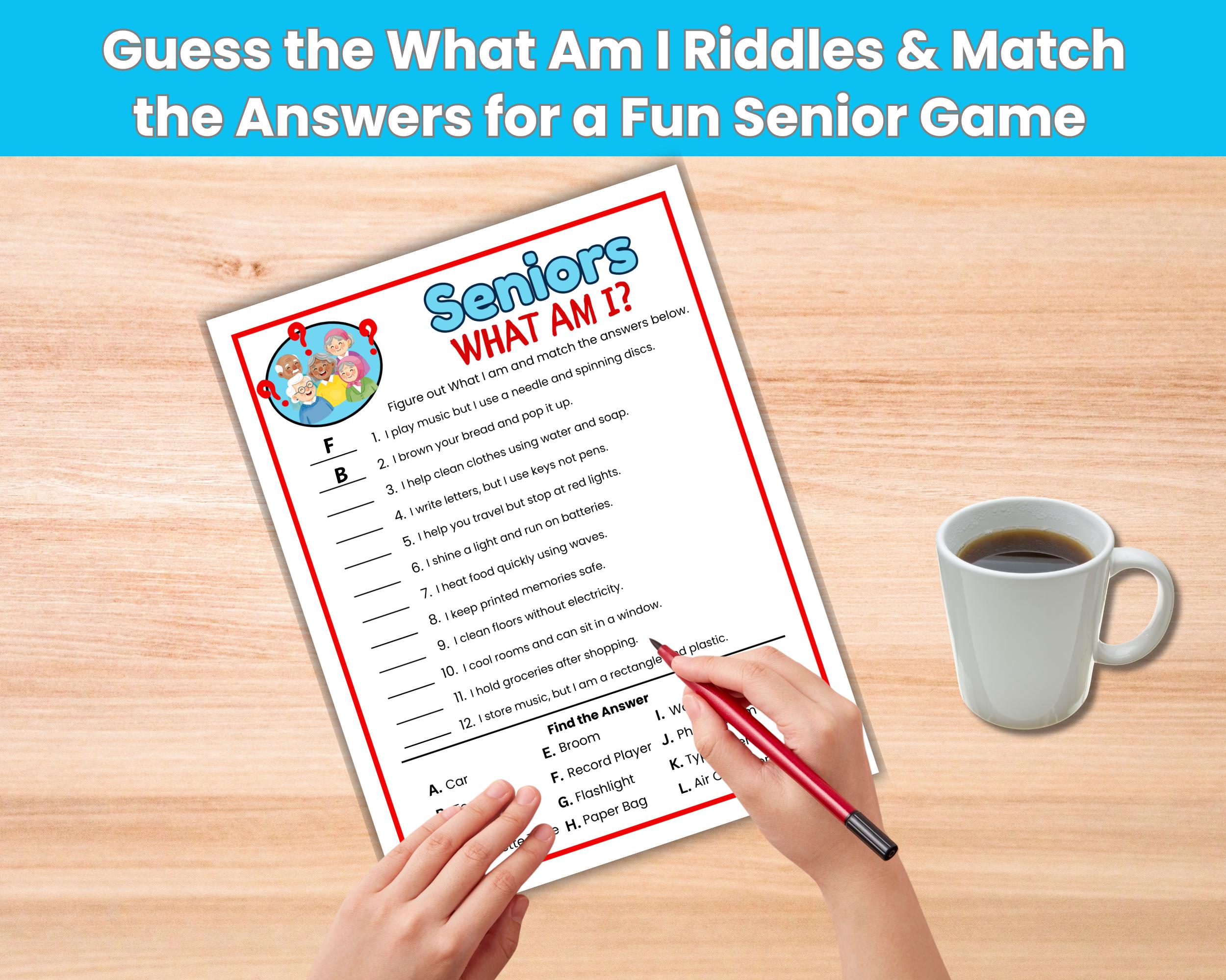 Senior Riddle Printabl Seniors What Am I Game, Senior Riddle Game, Guessing Game for Seniors ...