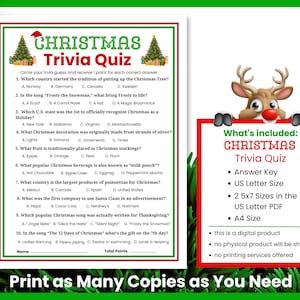 What's included with the group game Christmas Trivia. It comes in three sizes and has an Answer sheet. This is a digital product and you can print at home as many copies as you need.