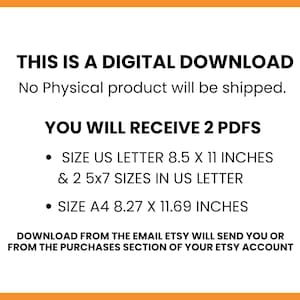 May include: White digital download image with black text on an orange border. Text includes "THIS IS A DIGITAL DOWNLOAD" and details about the PDF sizes: US Letter 8.5 x 11 inches and A4 8.27 x 11.69 inches.