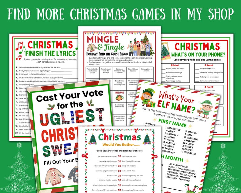 K&ouml;nnte beinhalten: Eine Sammlung von druckbaren Weihnachtsspielbl&auml;ttern mit Titeln wie Christmas Finish the Lyrics, Mingle and Jingle Bingo, Christmas What's on Your Phone, Cast Your Vote for the Ugliest Christmas Sweater und What's Your Elf Name.