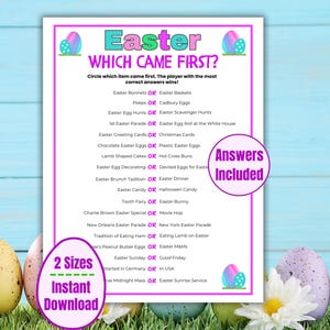 May include: A printable Easter game titled "Easter Which Came First?" with a list of Easter-themed questions. The game includes answers and is available in two sizes. The design features pastel colors and Easter egg graphics.