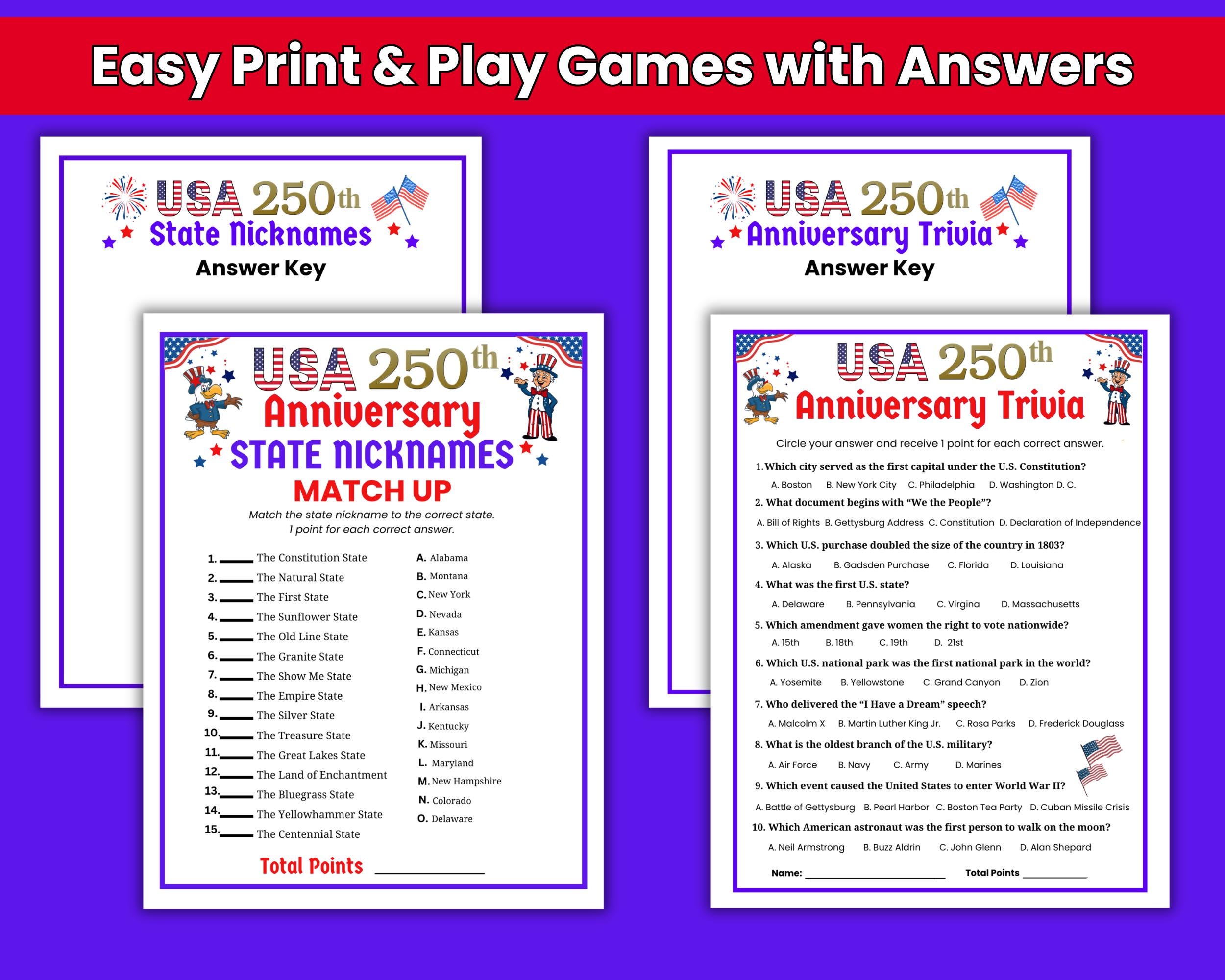USA 250th Anniversary Game Bundle, America 250 Years, Printable 4th of ...