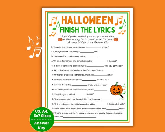 Halloween Finish the Lyrics Game, Printable Halloween Trivia Song Game, Fun Halloween Games for Kids Teens Adults, Classroom Game Work Games