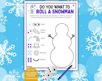 Roll a Snowman Dice Game, Printable Snowman Game, Preschool and Kindergarten Winter Coloring Activity, Dice Game for Kids, Build a Snowman