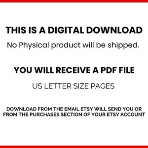 May include: White background with a red border, featuring text: "THIS IS A DIGITAL DOWNLOAD", "YOU WILL RECEIVE A PDF FILE", and "US LETTER SIZE PAGES". Additional text explains the digital download process.