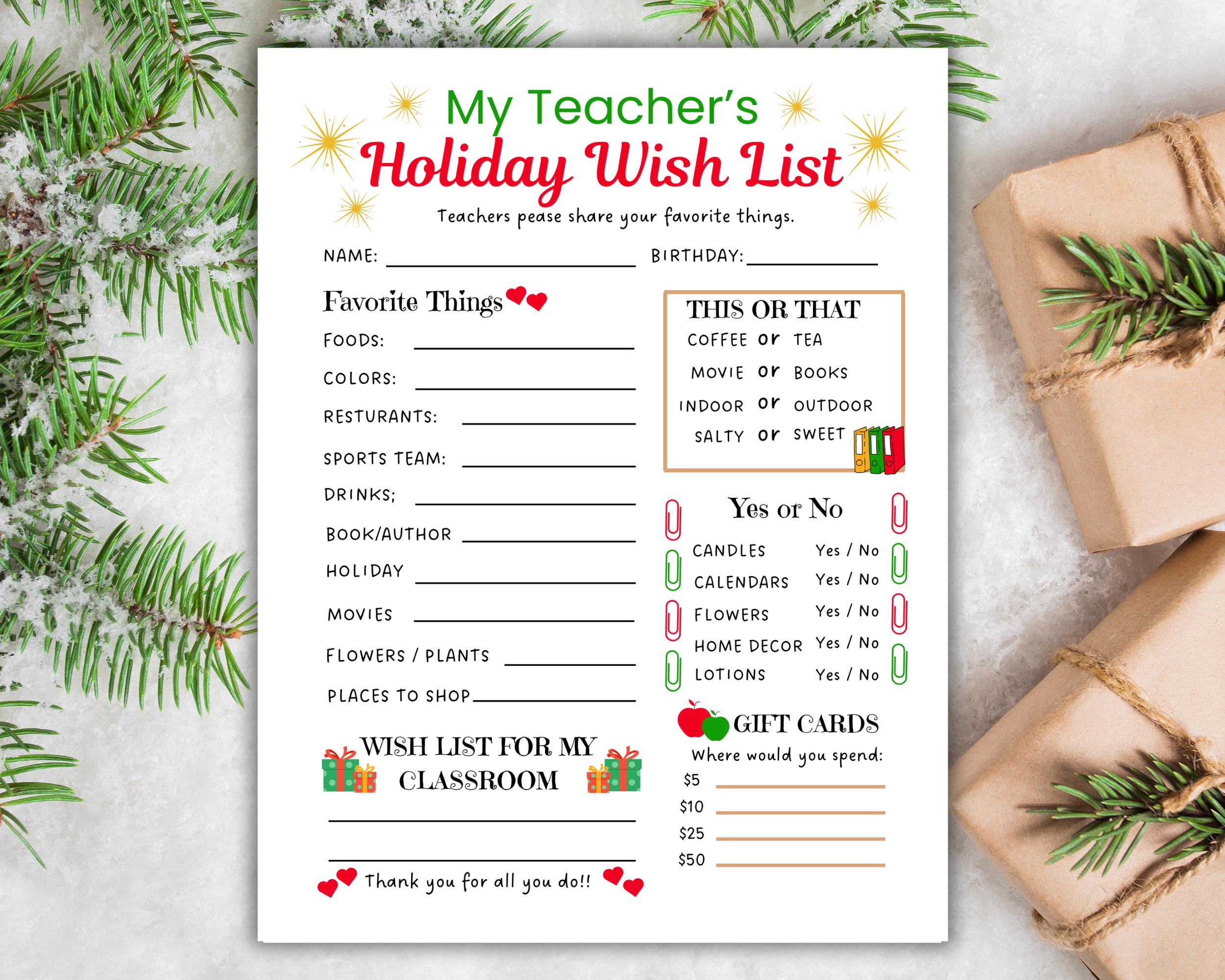 teacher holiday wish list printable, christmas wish list, teacher