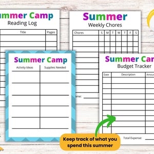 May include: Four printable summer camp activity sheets with the titles "Reading Log", "Weekly Chores", "Activity Ideas", and "Budget Tracker". The sheets are white with colorful text and borders. A beach ball and island graphic are also present. The text "Keep track of what you spend this summer" is also visible.