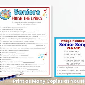 Może przedstawiać: Drukowana karta gry "Seniors Finish the Lyrics" z kolorowym designem. Gra zawiera listę tekst&oacute;w piosenek z brakującymi słowami, przeznaczoną dla senior&oacute;w. Zawiera klucz odpowiedzi i r&oacute;żne opcje rozmiaru.
