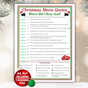 May include: A Christmas-themed game sheet with the title "Christmas Movie Quotes". The sheet features a matching game with movie quotes and titles, with an answer key. The design includes red and green borders and festive graphics.