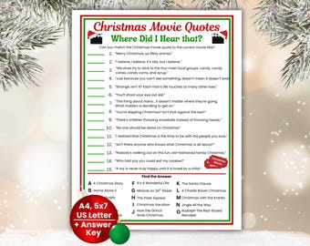 Christmas Movie Quotes Trivia Game, Holiday Movie Quote Game, Christmas Family Game, Office Party Games, Xmas Movie Trivia Games Printable