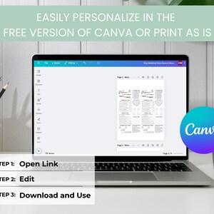 May include: A laptop displaying a wedding table seating chart template within the Canva design platform. The screen shows a black and white document with text and heart-shaped graphics. The image includes the text "EASILY PERSONALIZE IN THE FREE VERSION OF CANVA OR PRINT AS IS."