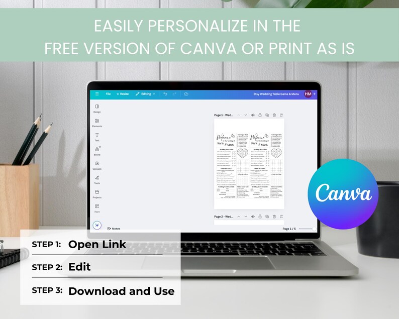 May include: A laptop displaying a wedding table seating chart template within the Canva design platform. The screen shows a black and white document with text and heart-shaped graphics. The image includes the text "EASILY PERSONALIZE IN THE FREE VERSION OF CANVA OR PRINT AS IS."