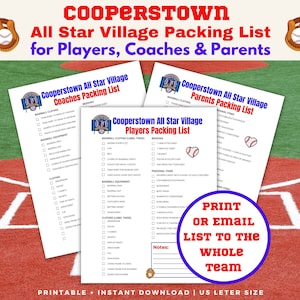 Cooperstown All Star Village Packing List, Cooperstown Checklist,  Baseball Travel Checklist, Baseball Mom, Baseball Coach, Player checklist