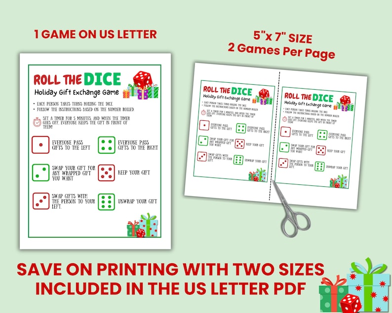 Two versions of the Roll the Dice game one as a US Letter size with one game. The second is a US Letter size with two 5x7 games on the page. Save money on printing with two games on one page.
