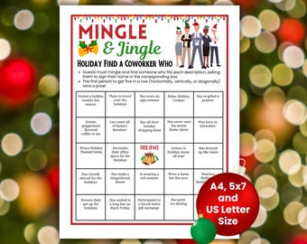 Puede incluir: Una tarjeta de juego de bingo navideño Mingle & Jingle con una cuadrícula de 25 casillas que contiene indicaciones de texto para compañeros de trabajo. El encabezado presenta luces navideñas coloridas, ilustraciones de cinco personas y dos campanas doradas. Un adorno rojo muestra A4, 5x7 y US Letter Size.