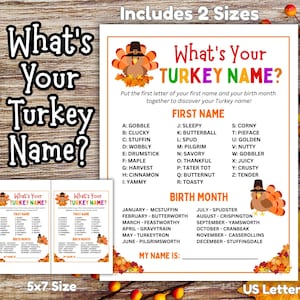 Op de afbeelding: Een printbaar spel met Thanksgiving-thema getiteld "What's Your Turkey Name?" bevat twee formaten: 5x7 en US Letter. Het spel bevat een lijst met namen en geboortemaandopties met betrekking tot kalkoenen.