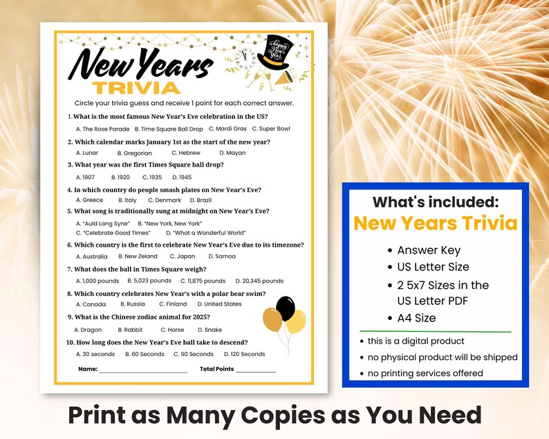New Years Trivia Game, Printable New Year's Eve Party Game, New Years 2024, Holiday Trivia ...