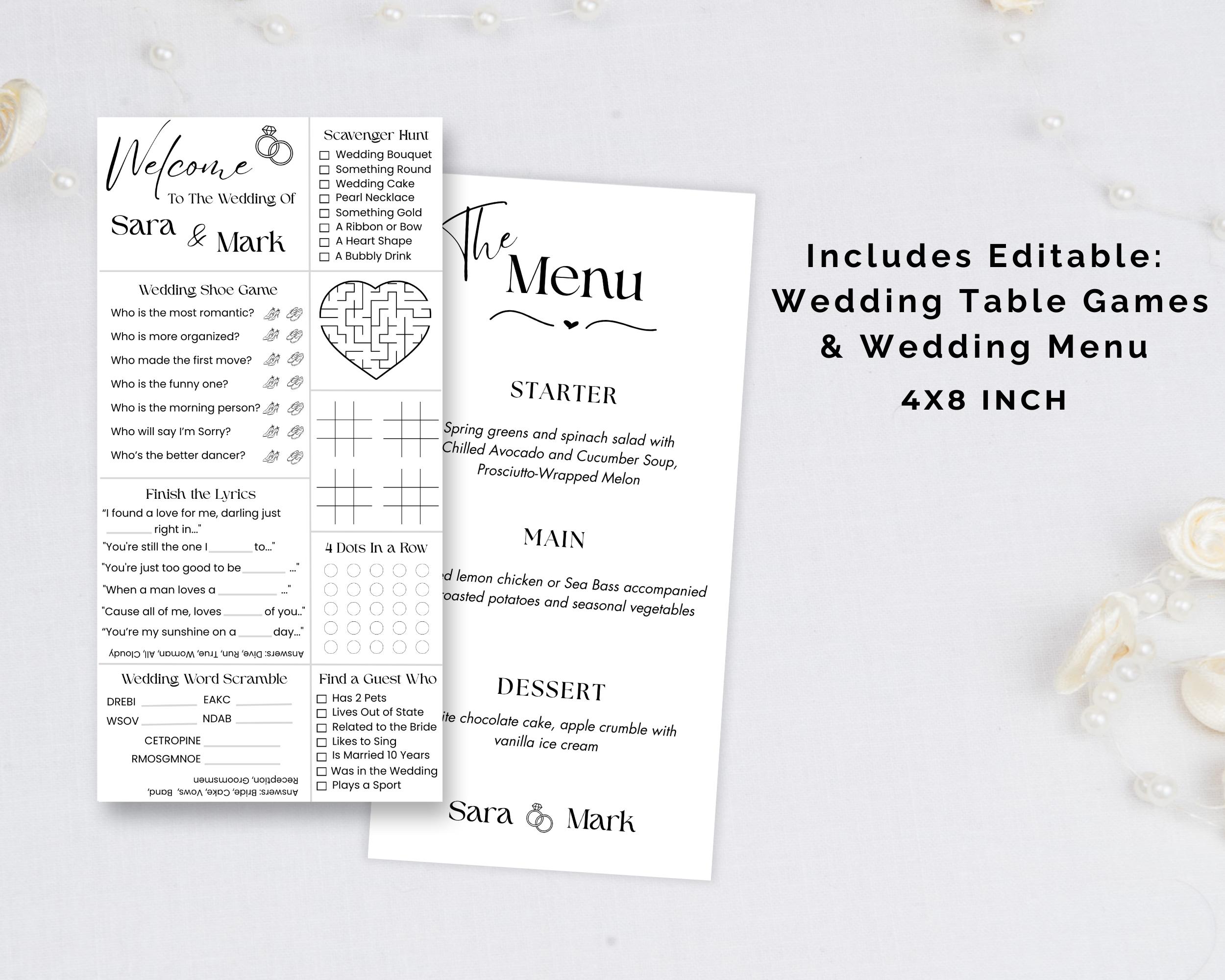 Wedding Table Games, Wedding Games for Reception, Wedding Menu Template ...