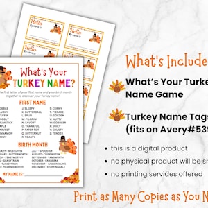 Op de afbeelding: Een digitaal Thanksgiving-spel en naamlabels. Het spel, getiteld "Wat is jouw kalkoennaam?", helpt spelers kalkoennamen te cre&euml;ren met behulp van voornamen en geboortemaanden. De afbeelding toont ook naamlabels met een kalkoenafbeelding.