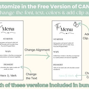 May include: Two wedding menu templates with the text "The Menu" in a script font. The menus list a starter, main course, and dessert. One menu includes clip art and the text "Sara & Mark". The image also includes instructions to customize the menu.