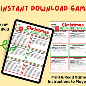 May include: A digital Christmas game with instructions, displayed on a tablet and a printed sheet. The game is titled "Christmas One Minute Games" and features various challenges like "Jingling in Your Trunk" and "Holiday Cup Stocking". The text "Instant Download Game" is at the top.