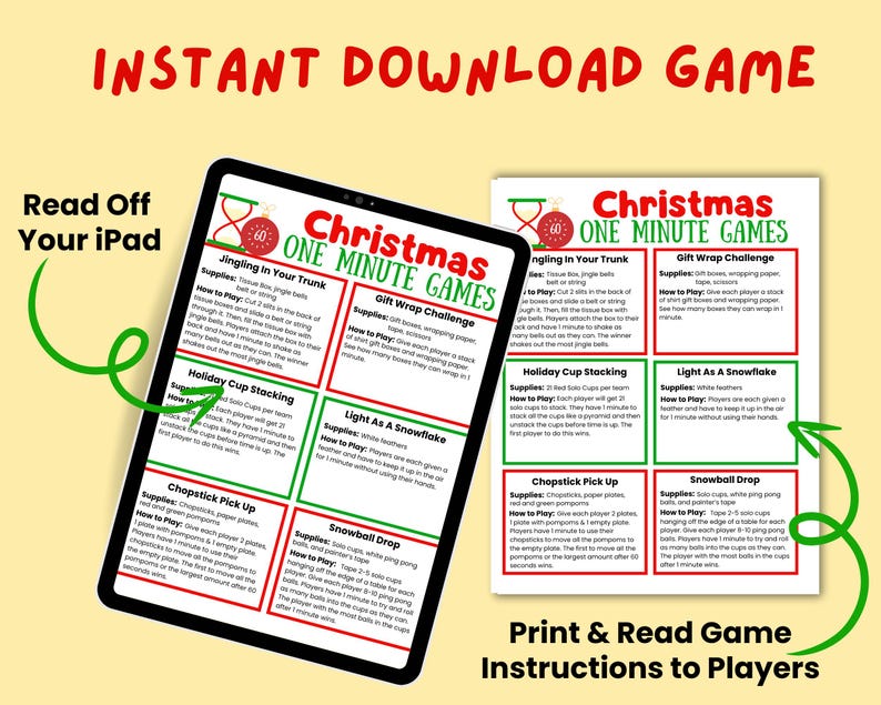 May include: A digital Christmas game with instructions, displayed on a tablet and a printed sheet. The game is titled "Christmas One Minute Games" and features various challenges like "Jingling in Your Trunk" and "Holiday Cup Stocking". The text "Instant Download Game" is at the top.