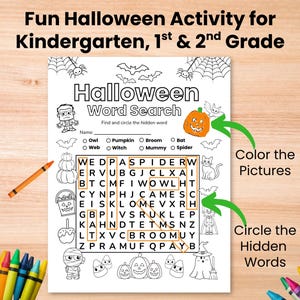 May include: A Halloween-themed word search puzzle for kindergarten, 1st, and 2nd grade students. The black and white worksheet features Halloween-related images and words to find and circle. Includes instructions to color the pictures and circle the hidden words.