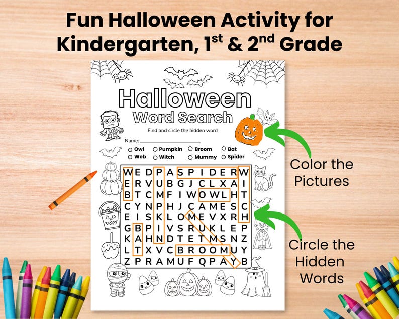 May include: A Halloween-themed word search puzzle for kindergarten, 1st, and 2nd grade students. The black and white worksheet features Halloween-related images and words to find and circle. Includes instructions to color the pictures and circle the hidden words.