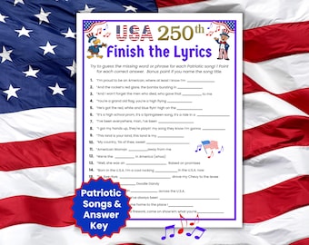 250 Years Patriotic Finish the Lyrics Trivia Game, Patriotic Songs, USA 250th Anniversary, Printable 4th of July Game, USA Birthday Activity