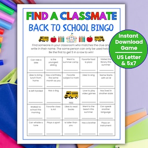 Back to School Bingo, Classroom Bingo, Getting to Know You, Classroom Icebreaker Bingo, Fun Classroom Game for Elementary, Middle School