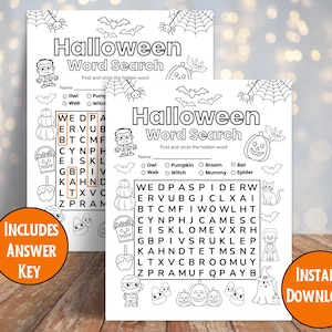 May include: Two Halloween-themed word search printable pages. Each page features a word search grid with Halloween-related words, along with illustrations of bats, pumpkins, and other spooky elements. Includes an answer key.