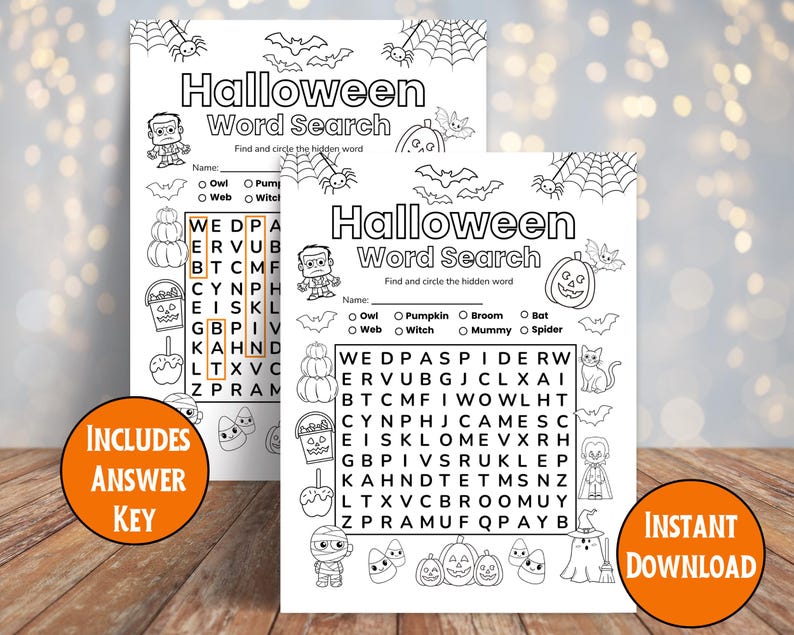 May include: Two Halloween-themed word search printable pages. Each page features a word search grid with Halloween-related words, along with illustrations of bats, pumpkins, and other spooky elements. Includes an answer key.
