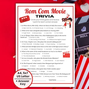 Rom Com Movie Trivia Quiz, Galentines Trivia, Trivia romantische komedie, Girls Night Games, Galentines Games, Ladies Night, Sleepover-spel voor tieners