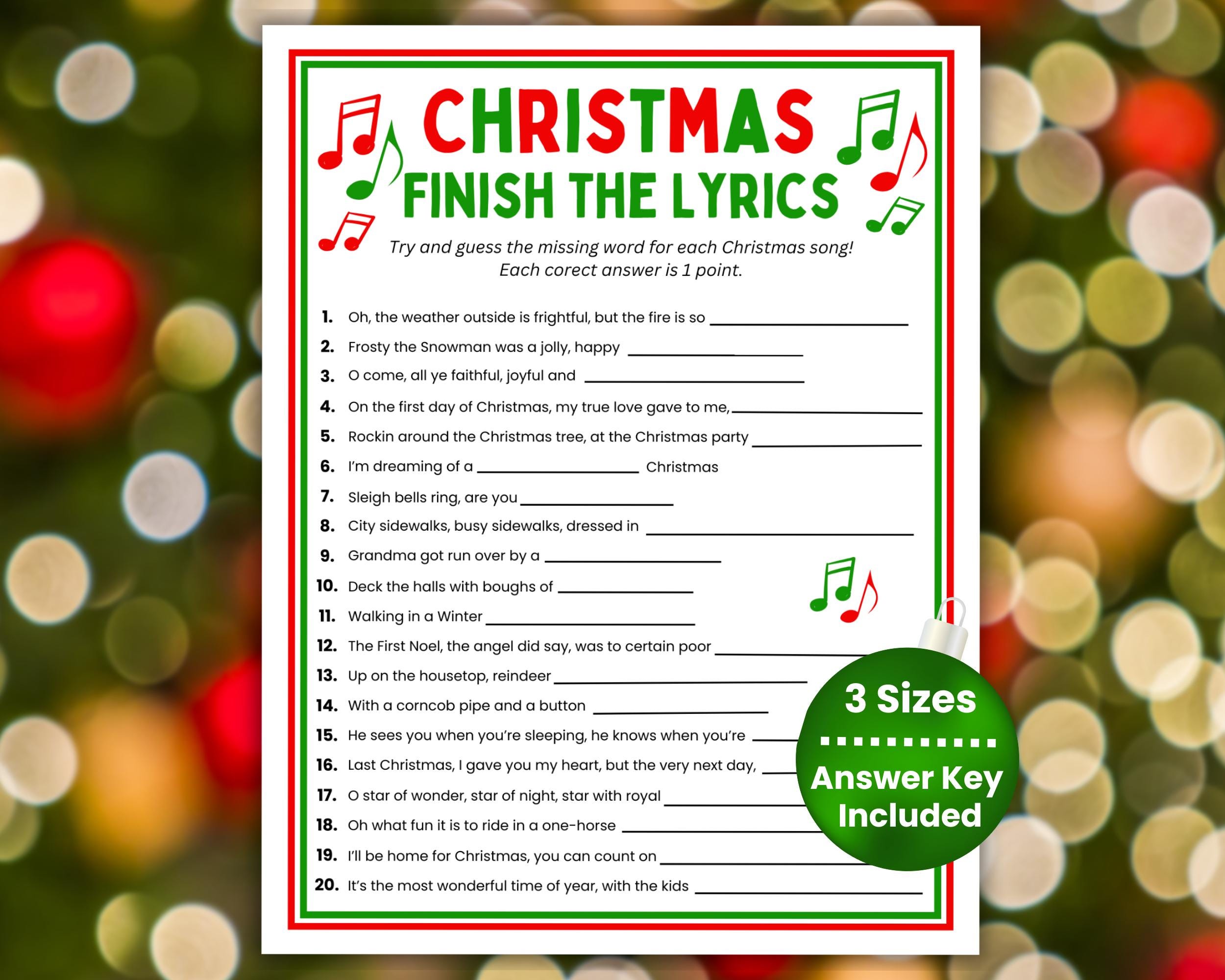 Christmas Finish the Lyrics Game, Christmas Song Game, Christmas Song Trivia Quiz, Fun Christmas Game teens adults, Group Holiday Party Game