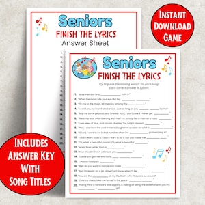 Może przedstawiać: Arkusz do gry do wydruku zatytułowany "Seniors Finish the Lyrics" z czerwonym okręgiem z napisem "Instant Download Game". Arkusz odpowiedzi zawiera listę tekst&oacute;w piosenek z pustymi miejscami do wypełnienia. Kolejne czerwone koło m&oacute;wi "Includes Answer Key With Song Titles."