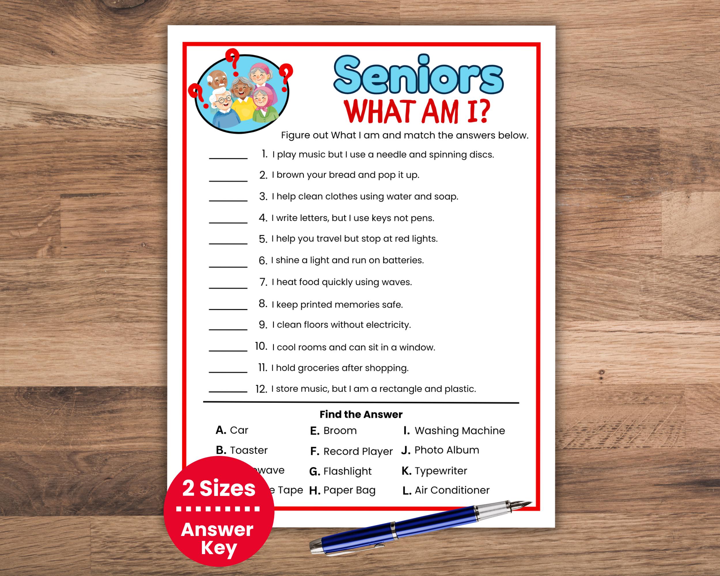 Senior Riddle Printabl Seniors What Am I Game, Senior Riddle Game, Guessing Game for Seniors ...