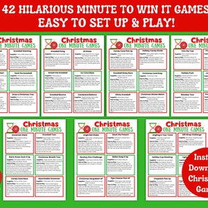May include: A green and red Christmas-themed printable game set. The image features multiple game cards with titles like "Christmas One Minute Games." The text includes "42 Hilarious Minute to Win It Games" and "Easy to Set Up & Play!"