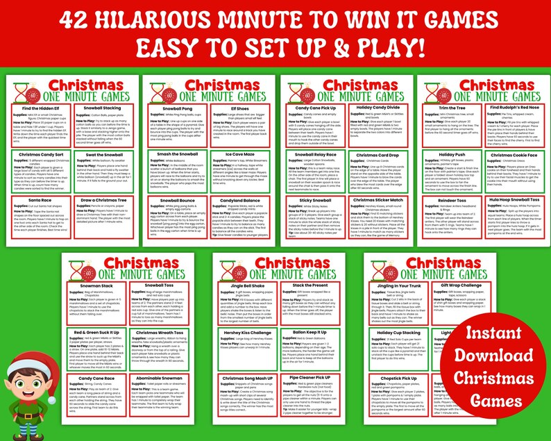 May include: A green and red Christmas-themed printable game set. The image features multiple game cards with titles like "Christmas One Minute Games." The text includes "42 Hilarious Minute to Win It Games" and "Easy to Set Up & Play!"