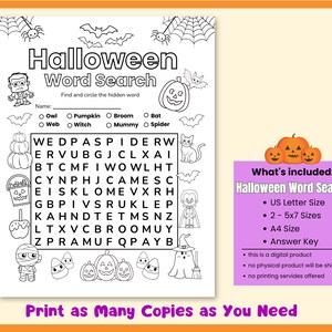 May include: A black and white Halloween-themed word search puzzle with illustrations of pumpkins, bats, spiders, and other spooky elements. The text reads "Halloween Word Search" and includes a list of words to find. The image also includes a list of what's included.