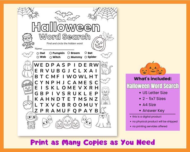 May include: A black and white Halloween-themed word search puzzle with illustrations of pumpkins, bats, spiders, and other spooky elements. The text reads "Halloween Word Search" and includes a list of words to find. The image also includes a list of what's included.