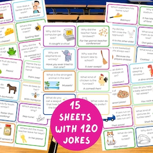 5 pages of Lunch box jokes are displayed telling readers you will get 15 sheets of Lunchbox joke cards and a total of 120 unique Lunchbox jokes.