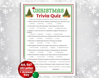 May include: A white Christmas Trivia Quiz sheet with green and red borders, featuring ten multiple-choice questions, two Christmas tree illustrations, and a red circular badge stating A4, 5x7, US Letter, and Answer Key.