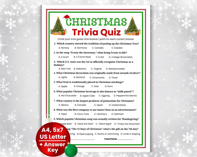 K&ouml;nnte beinhalten: Ein wei&szlig;es Weihnachts-Quizblatt mit gr&uuml;nem und rotem Rand, das zehn Multiple-Choice-Fragen, zwei Weihnachtsbaum-Illustrationen und ein rotes kreisf&ouml;rmiges Abzeichen mit der Aufschrift A4, 5x7, US Letter und Answer Key enth&auml;lt.
